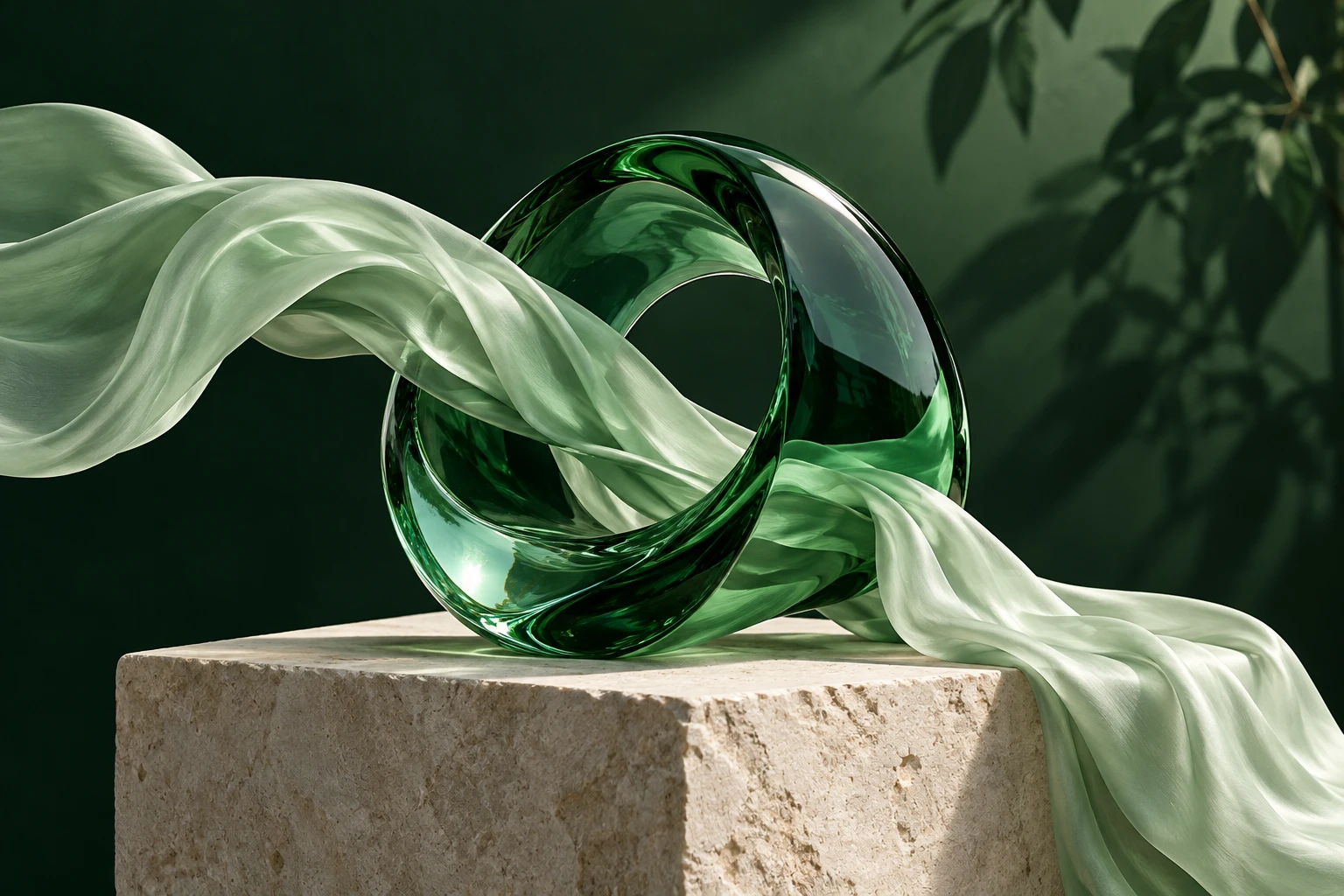 Emerald glass sculpture with flowing mint silk